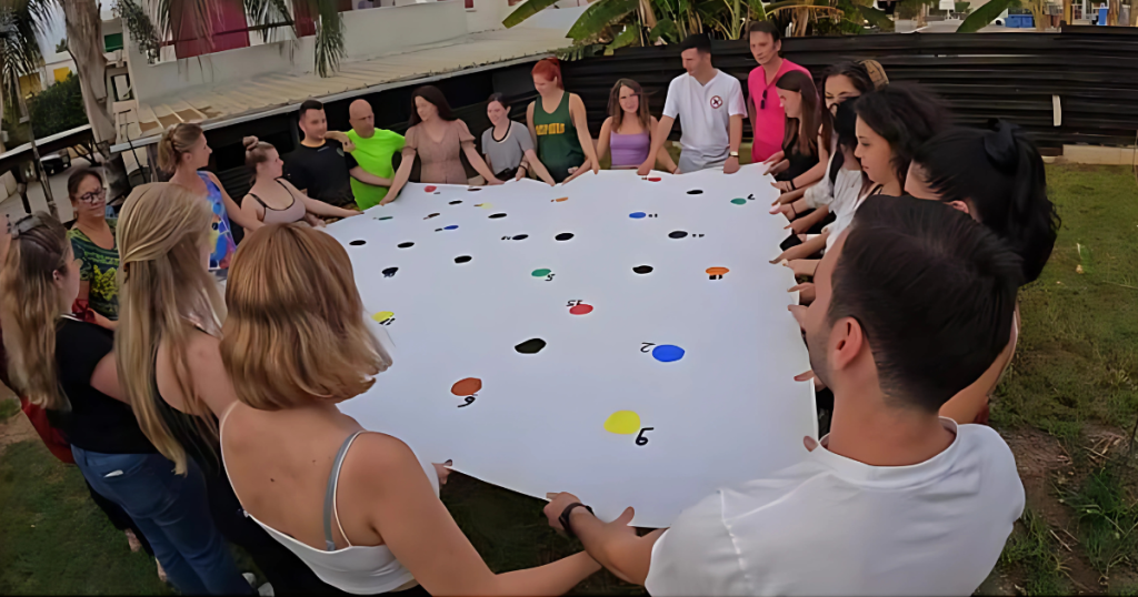 Grup de tineri formați într-un cerc în aer liber, ținând un material alb întins pe care sunt marcate cercuri colorate cu cifre, într-un exercițiu de team-building sau activitate educațională nonformală.