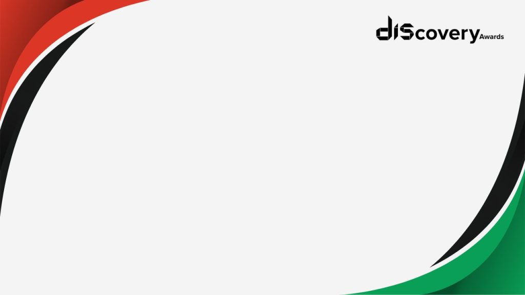 Imaginea reprezintă un fundal grafic minimalist, în nuanțe de roșu, verde, alb și negru, cu linii curbe în colțurile stânga sus și dreapta jos. În colțul din dreapta sus apare sigla „Discovery Awards” scrisă cu un font modern, parțial stilizat. Fundalul central este gol, cu spațiu alb dedicat inserării de text sau elemente grafice.